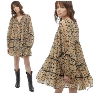 FREE People Free Swinging Mini Dress Boho Floral Yellow Black Women’s Size Large